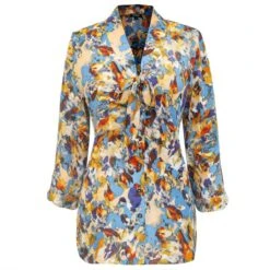 Ascot-Tie Blouse And Abstract Print -Blue