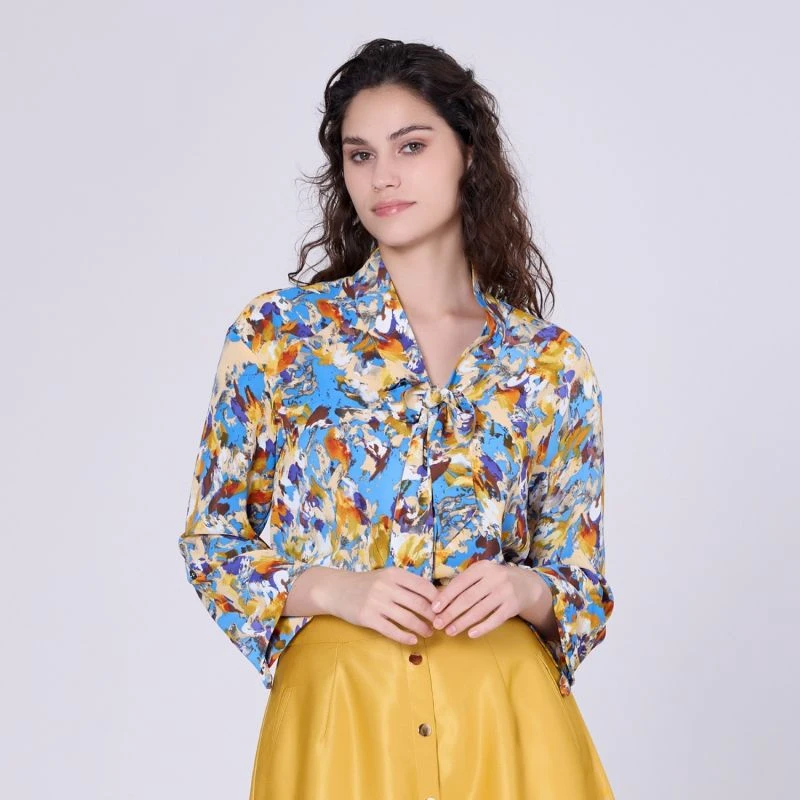 Ascot-Tie Blouse And Abstract Print -Blue 2 Ascot-Tie Blouse And Abstract Print -Blue - Image 2