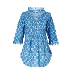 Sophie Cotton Shirt In Blue & White Peacock Swirl