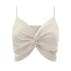 Beige Linen Marta Crop Top - Elegant Relaxed Fit, Breathable V-Neck, Summer Essential