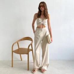 Beige Linen Marta Crop Top - Elegant Relaxed Fit, Breathable V-Neck, Summer Essential -Transcend Sales beige linen marta top 31bb724062069b5c5f852cb9574516bc