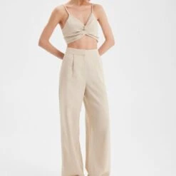 Beige Linen Marta Crop Top - Elegant Relaxed Fit, Breathable V-Neck, Summer Essential -Transcend Sales beige linen marta top 49c568702df166bedb45088f57b30ed5