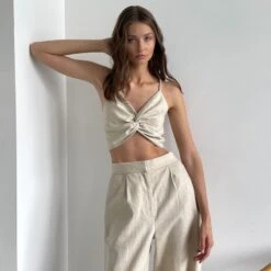 Beige Linen Marta Crop Top - Elegant Relaxed Fit, Breathable V-Neck, Summer Essential -Transcend Sales beige linen marta top 5851e024a56032571ffa73639f446474