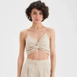 Beige Linen Marta Crop Top - Elegant Relaxed Fit, Breathable V-Neck, Summer Essential -Transcend Sales beige linen marta top c2800f43be91ce5844456c69e19fb75e