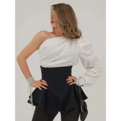 Double Identity Poplin One-Shoulder Shirt -Transcend Sales black swan fitted asymmetric corset belt c91883c13252aef4ccc061b85e7e87db