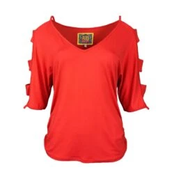 Coral Red V-Neck Viscose Blouse With Cut-Out Sleeves