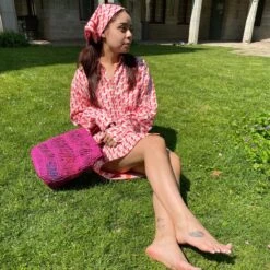 Claude Organic Cotton Button Up Boyfriend Shirt With Front Pocket In Pink Chevron Block Print -Transcend Sales claude shirt in pink chevron 39ce7a464c457b241a7e349ea8d3c927