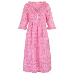 Cotton Karen 3/4 Sleeve Day Dress In Bubblegum Pink & White