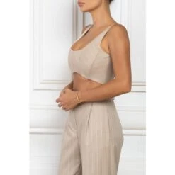 Beige Pinstripe Corset Crop Top -Transcend Sales ewes2iu1brpnergj3ixx