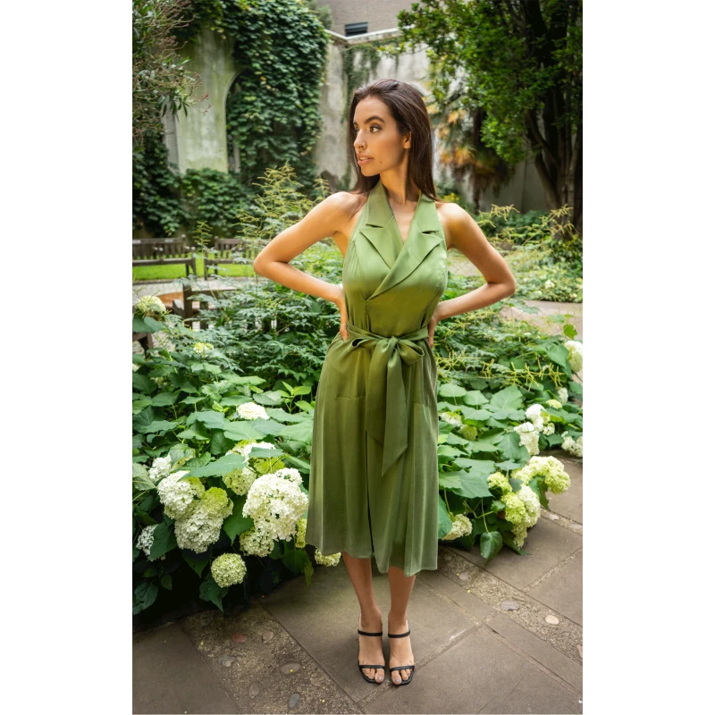 Halter Neck Midi Tuxedo Dress - AvocadoGreen 3 Halter Neck Midi Tuxedo Dress - AvocadoGreen - Image 3