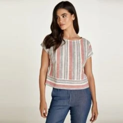 Coral Striped Linen Style Top -Transcend Sales hj72xhsv4dzjydedr3ch