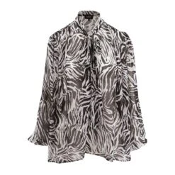 Zebra Chiffon Blouse With Draped Shoulders & Bow Ribbon