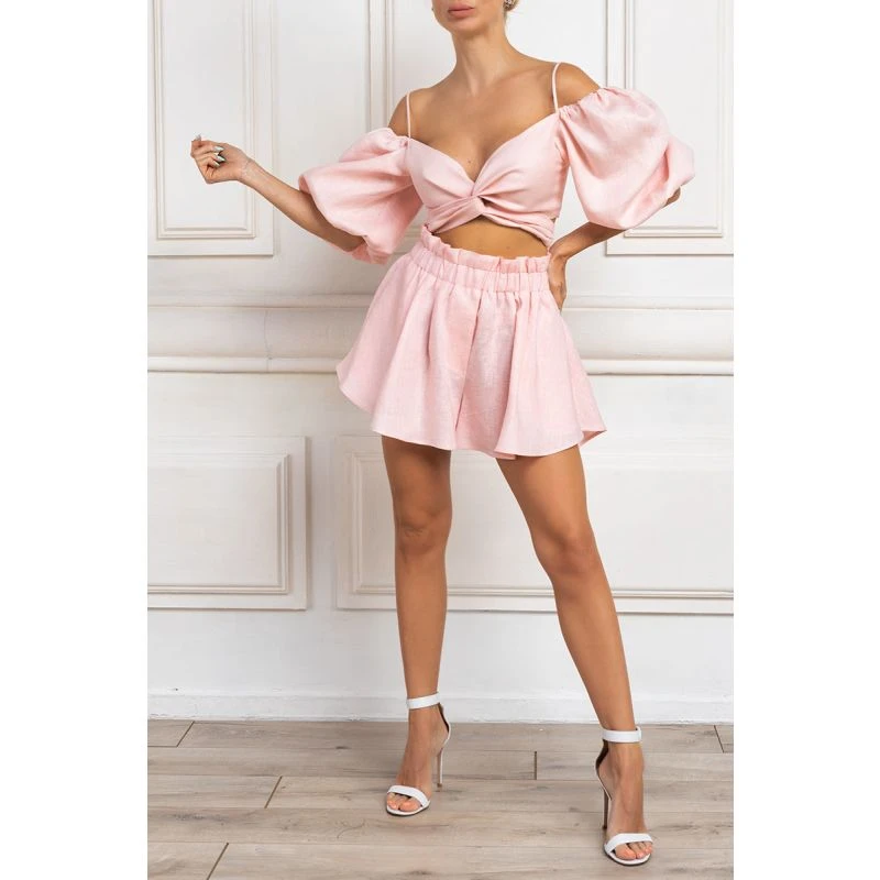 High Waist Linen Flowy Shorts In Pink 2 High Waist Linen Flowy Shorts In Pink - Image 2