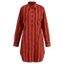 Katherine Organic Cotton Half-Placket Shirt Dress With Side Pockets And Long Sleeves In Clay Cabana Stripe Block Print