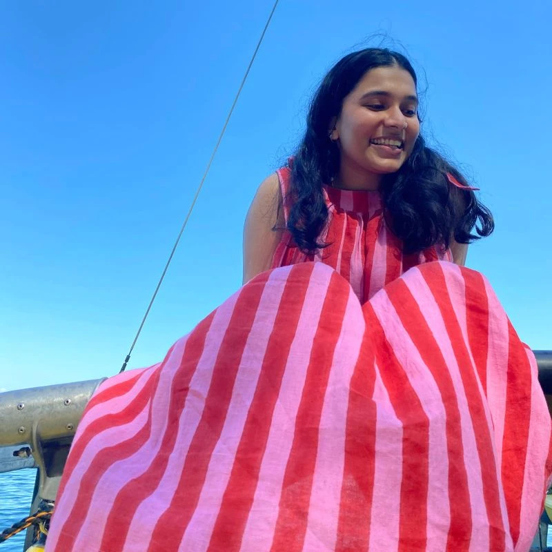 Maxi Mimi Adjustable Shoulder Tie Linen Long Maxi Dress With Side Pockets In Red And Pink Cabana Stripe Block Print 2 Maxi Mimi Adjustable Shoulder Tie Linen Long Maxi Dress With Side Pockets In Red And Pink Cabana Stripe Block Print - Image 2