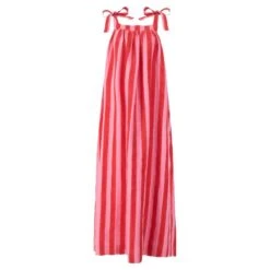 Maxi Mimi Adjustable Shoulder Tie Linen Long Maxi Dress With Side Pockets In Red And Pink Cabana Stripe Block Print