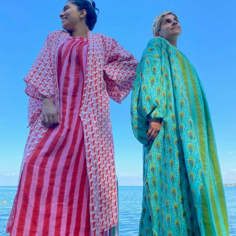 Maxi Mimi Adjustable Shoulder Tie Linen Long Maxi Dress With Side Pockets In Red And Pink Cabana Stripe Block Print 3 Maxi Mimi Adjustable Shoulder Tie Linen Long Maxi Dress With Side Pockets In Red And Pink Cabana Stripe Block Print - Image 3