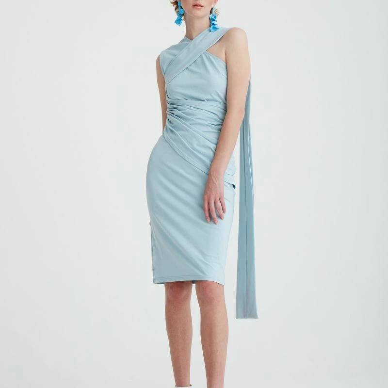Shoulder Drape Dress In Light Blue 4 Shoulder Drape Dress In Light Blue - Image 4