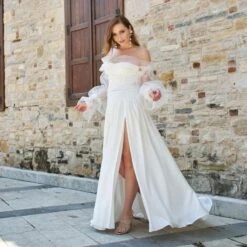 Off The Shoulder A-Line Bridal Gown With Pleated Bodice Amina -Transcend Sales off the shoulder a line bridal gown with pleated bodice amina 491458de24354448f2973f7d77e76067