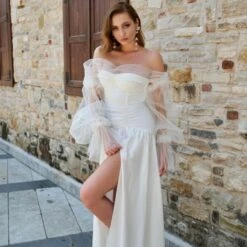 Off The Shoulder A-Line Bridal Gown With Pleated Bodice Amina -Transcend Sales off the shoulder a line bridal gown with pleated bodice amina c20bbd82b80d08f329115eae65e0e8b1