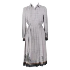 Pleated Vintage Chiffon Balloon Sleeved Button Up Dress
