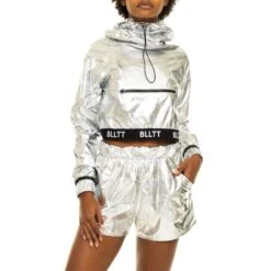 Blltt High-Collar Metallic Nylon Top Argento -Transcend Sales rgslll9os1wya7xfcpmn