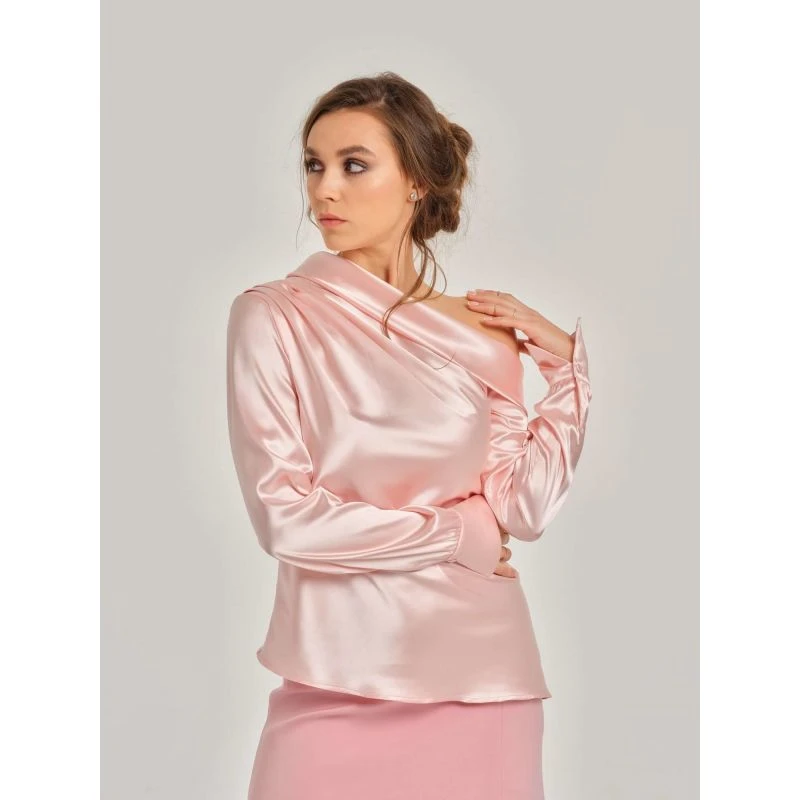 Rose Blush Draped Satin Off-Shoulder Shirt 3 Rose Blush Draped Satin Off-Shoulder Shirt - Image 3