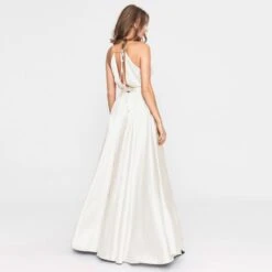 Satin Long Dress Ecru Tied Back -Transcend Sales satin long dress ecru tied back 844cb12836957152e722346432707589