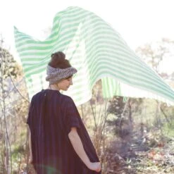 Shary Linen Short-Sleeved Long Dress With Gathered Neckline And Side Pockets In Midnight Navy Cabana Stripe Block Print -Transcend Sales shary dress in midnight stripe linen 88ecfe82d80619378d94a2d550326fcc