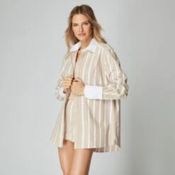 100% Organic Linen Stripe Shirt Beige -Transcend Sales trh8akyanzwudsqkjsgh