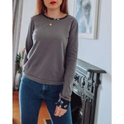 Charcoal Grey Long Sleeve Cotton Top -Transcend Sales trp5mn49m41blenkz9zn