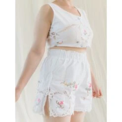 Floral Embroidered/ Lace Summer Crop Top & Shorts Set -Transcend Sales upcycle floral hand embroidered crop top shorts set with see through lace detail e3948af5afa2e7aa398e46ee323588eb