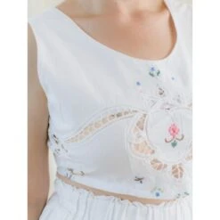 Floral Embroidered/ Lace Summer Crop Top & Shorts Set -Transcend Sales upcycle floral hand embroidered crop top shorts set with see through lace detail f199b730b6879d81b3135b3024e7d21b