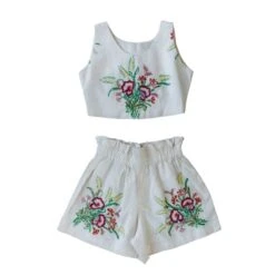 Upcycle Hand Embroidered Crop Top & Paperbag Waist Shorts Set