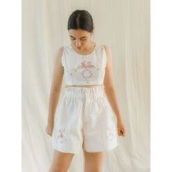 Red Floral Embroidered Summer Crop Top & Shorts Set -Transcend Sales upcycled floral embroidered sleeveless crop top shorts set 01f71aea24aed3f43a504f10e836625d