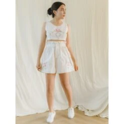 Red Floral Embroidered Summer Crop Top & Shorts Set -Transcend Sales upcycled floral embroidered sleeveless crop top shorts set 44bb5abcc481e6b3c35425676351ec86