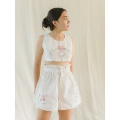 Red Floral Embroidered Summer Crop Top & Shorts Set -Transcend Sales upcycled floral embroidered sleeveless crop top shorts set ad4c10057346e3bdfdd234ec799e4dc8