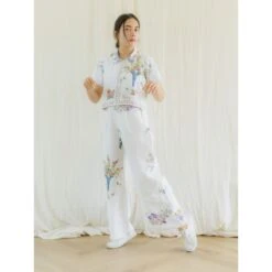 Upcycled Hand-Embroidered Floral Half-Sleeve Crop Top & Pants Set -Transcend Sales upcycled hand embroidered floral half sleeve crop top pants set 37a919738194ae8f5f41da736fc9669b