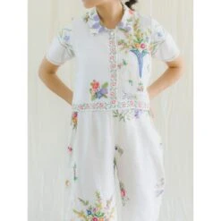 Upcycled Hand-Embroidered Floral Half-Sleeve Crop Top & Pants Set -Transcend Sales upcycled hand embroidered floral half sleeve crop top pants set 433bf45123a6248e7fa7a65191b51dbb