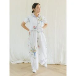 Upcycled Hand-Embroidered Floral Half-Sleeve Crop Top & Pants Set -Transcend Sales upcycled hand embroidered floral half sleeve crop top pants set 47b76d7686ebe68d2b554ef9a39b88d2