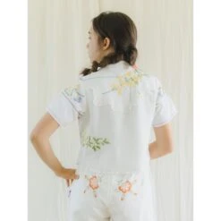 Upcycled Hand-Embroidered Floral Half-Sleeve Crop Top & Pants Set -Transcend Sales upcycled hand embroidered floral half sleeve crop top pants set 9f67ca6ecb8ba35088bcfdd09cf52873