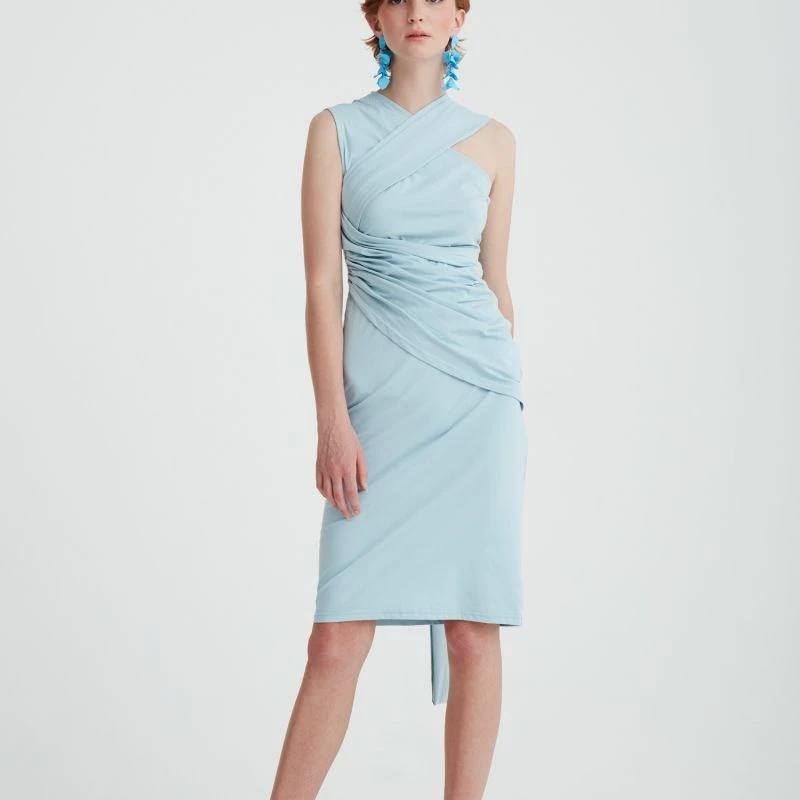 Shoulder Drape Dress In Light Blue 2 Shoulder Drape Dress In Light Blue - Image 2