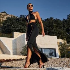 Cynosure Bodysuit With Golden Details In Black -Transcend Sales zipnisa elegant pants with zip in black fca8d05307bc2515c093cbfdd17f676d